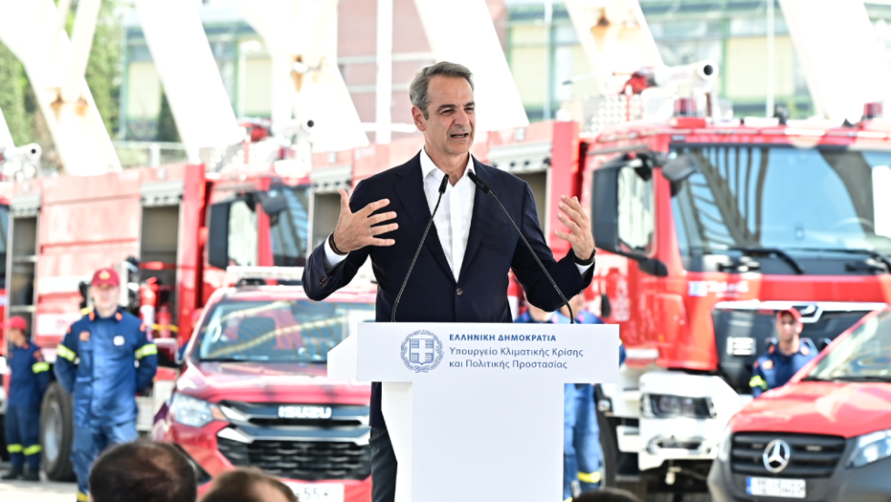 Ο Πρωθυπουργός Κυριάκος Μητσοτάκης στην εκδήλωσή για τα νέα πυροσβεστικά στο ΟΑΚΑ